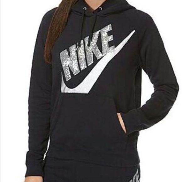 Nike Black Sequin Logo Swoosh hooded sweatshirt size small - Picture 1 of 11